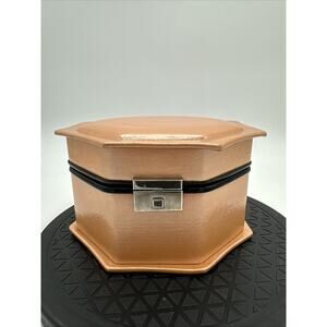 Vintage Vinyl Octagon Peach Iridescent Jewelry Box Mirror Removable Tray 6.75"